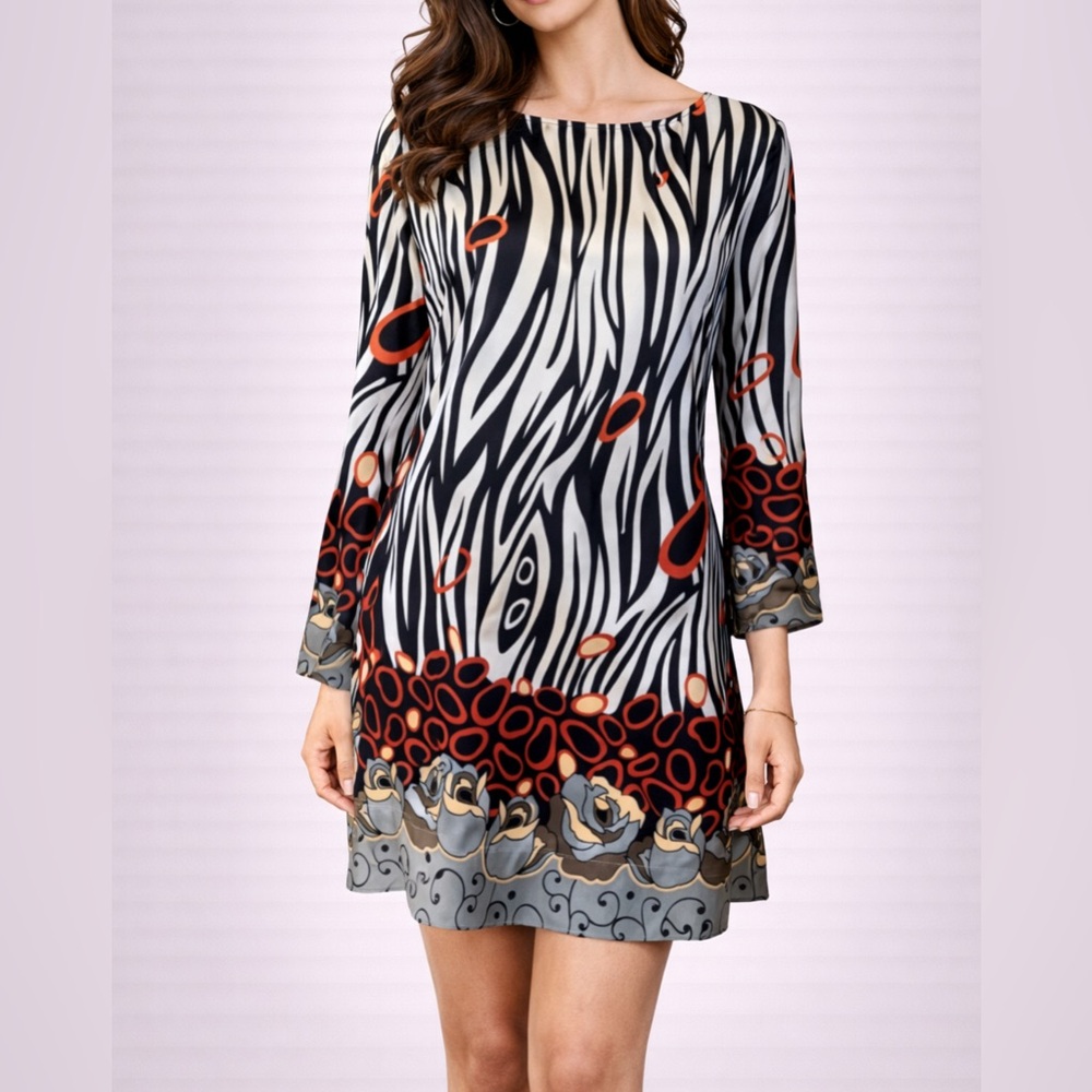 BCBGMAXAZRIA Shift Tunic Dress S Small Silky Stretch Washable Long Sleeve